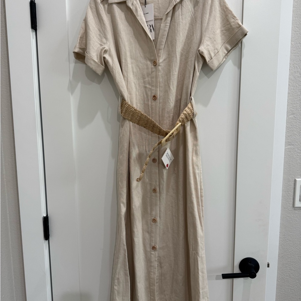 Zara Elegant Beige Button-Down Linen Dress
